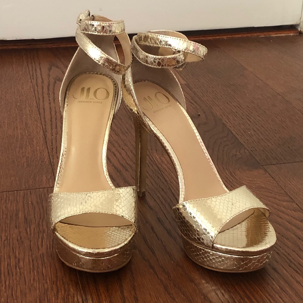 J.Lo Malika gold snakeskin heels
